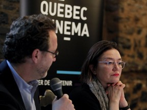 Quebec Cinéma's Patrick Roy left, and Segolene Roederer react to the Jutra scandal Feb. 17, 2016, outlining plans to rename the Jutra Awards at a press conference in Montreal.