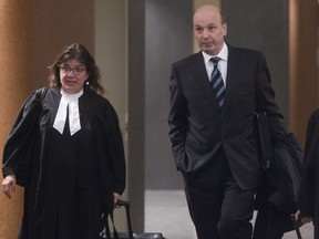 In March 2016, former city of Montreal executive committee chairman Frank Zampino, with his lawyer Isabel Schurman, at the Montreal courthouse in March 2016.