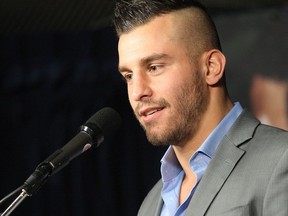 Laval boxer David Lemieux speaks to the media on March 30, 2016, as he took part in a press conference at Bell Centre in Montreal.