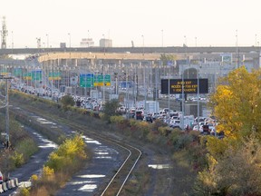 Traffic backs up on Hwy. 20 E. heading to the Turcot Interchange in Montreal, Oct. 17, 2016.