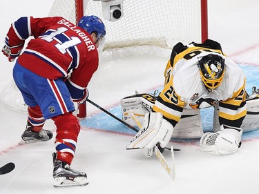 Montreal Canadiens right wing Brendan Gallagher (11) gets in close to Pittsburgh Penguins goalie Marc-André Fleury during first period NHL action in Montreal on Tuesday October 18, 2016.