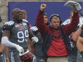Alouettes head coach Jacques Chapdelaine celebrates turnaround play against the Toronto Argonauts on Sunday Oct. 2, 2016.