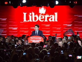 Newly elected prime minister Justin Trudeau speaks to supporters at the Liberal Party election night headquarters in Montreal on Tuesday, Oct. 20, 2015.