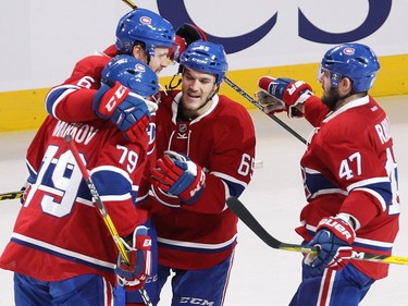 Montreal Canadiens defenceman Shea Weber (6) celebrates his first Habs goal with teammates Andrei Markov (79), Andrew Shaw (65) and Alexander Radulov (47) during second period NHL action in Montreal on Thursday October 20, 2016.