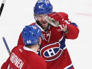 Montreal Canadiens' Alexander Radulov celebrates the goal of teammate Artturi Lehkonen during third period NHL action in Montreal on Thursday October 20, 2016.