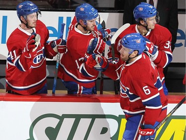 Shea Weber celebrates his goal with Paul Byron (41), Torrey Mitchell (17) and Brian Flynn (32) during second period NHL action in Montreal on Thursday October 20, 2016.