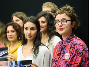 A new social movement  was launched on Friday, Oct. 21, 2016 called Québec contre les violences sexuelles on Quebec campuses that aims to deter sexual assault. Alice Paquet, far right, who alleged last week that she was sexually assaulted by a Liberal MNA, joined the group for a photo op at the end of the press conference in Longueuil. From left to right: Kimberley Marin, Mélanie Sarroino, Ariane Litalien, Maïtée Labrecque-Saganash,  Mélanie Lemay, Alexandre Tremblay and Alice Paquet.