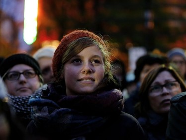 People fill Place Émilie-Gamelin in Montreal as they take part in a protest to denounce rape culture on Wednesday, Oct. 26, 2016.