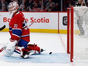 Montreal Canadiens goalie Carey Price reacts to allowing Tampa Bay Lightning left wing Alex Killorn to score during NHL action at the Bell Centre in Montreal on Thursday October 27, 2016.