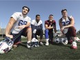 Practice squad players, from left, offensive and defensive lineman James Bodanis,  wide-receiver Cody Hoffman, linebacker Jared Koster and running-back Cam McDaniel in Montreal Thursday, October 6, 2016. This was after practice at Stade Hébert.