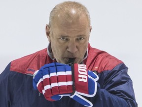 Former  Canadiens head coach Michel Therrien blows his whistle during a team practice at the Bell Sports Complex in Brossard on Sunday, October 9, 2016.