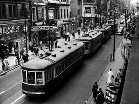 Streetcars on Ste-Catherine St., circa 1955. The last day of streetcar service in Montreal was Aug. 30, 1959.