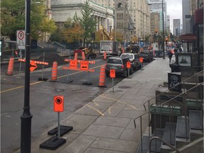 A view of roadwork that has shut down Sherbrooke St. W.