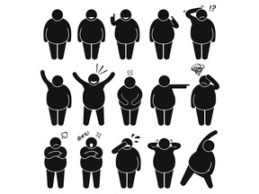 A set of human pictogram representing a fat man with various basic poses, postures, and actions.