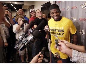 Nashville Predators defenseman P. K. Subban talks to reporters on the first day of NHL hockey training camp Thursday, Sept. 22, 2016, in Nashville, Tenn.