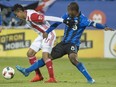 "We have to give everything we can to try to get that home game," says Montreal Impact midfielder Patrice Bernier, poking the ball away from San Jose Earthquakes midfielder Darwin Ceren during first half MLS action Wednesday, September 28, 2016 in Montreal.