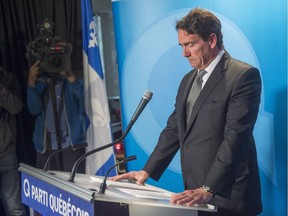 Parti Quebecois leader Pierre Karl Péladeau announces his resignation at a news conference, May 2, 2016 in Montreal.