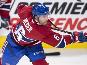 Montreal Canadiens defenceman Shea Weber takes a shot during the warmup prior to facing the Toronto Maple Leafs in NHL pre-season hockey action Thursday, October 6, 2016 in Montreal.