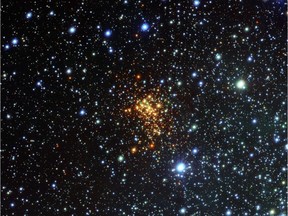 RESTRICTED TO EDITORIAL USE - MANDATORY CREDIT "AFP PHOTO /ESO" - NO MARKETING NO ADVERTISING CAMPAIGNS - DISTRIBUTED AS A SERVICE TO CLIENTS This new picture from the VLT Survey Telescope (VST) at ESO's Paranal Observatory released on October 14, 2013 shows the remarkable super star cluster Westerlund 1 (eso1034). This exceptionally bright cluster lies about 16,000 light-years from Earth in the southern constellation of Ara (The Altar). The biggest known star in the cosmos is in its death throes and will eventually explode, astronomers said on October 16, 2013. W26 is becoming unstable and shedding its outer layers, a key step in the death process, according to the paper, published in the British journal Monthly Notices of Britain's Royal Astronomical Society (RAS).