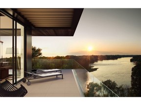 This image 
is a composite. It includes a rendering of a finished unit in the Laval sur le Lac complex and a photograph of the Mille-Iles River that was taken by a drone programed with the penthouse elevations. This image is used to sell the view, the real view. (Image courtesy of the developer)