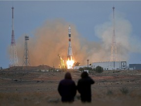 Russias Soyuz MS-02 spacecraft carrying the International Space Station (ISS) crew of U.S. astronaut Shane Kimbrough and Russian cosmonauts Sergey Ryzhikov and Andrey Borisenko blasts off Oct. October 19, 2016.