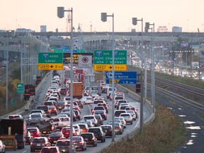 Traffic backs up for kilometres in the Turcot Interchange on the first day after the ramp from Highway 20 east to the Ville-Marie east was cut to one lane for the next several years. (Oct. 17, 2016)