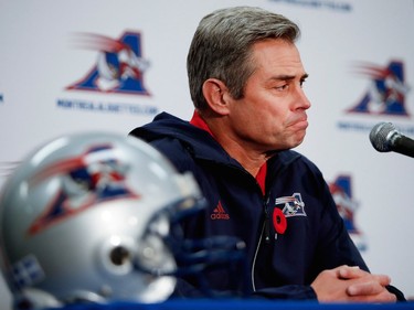 Alouettes head coach Jacques Chapdelaine listens to a question from the media in Montreal on Sunday, Nov. 6, 2016.