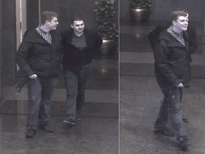 An image from the Montreal police of the two suspects being sought after an unused bullet was found at the French Consulate in October.