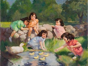 The oil painting Five Little Sweethearts, by Gil Elvgren, is coming up for auction in Toronto on Nov. 30, with all proceeds to benefit the two surviving Dionne quintuplets.