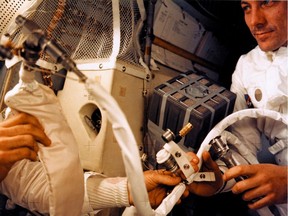 A NASA picture shows astronaut Fred W. Haise, Jr. working inside the Apollo 13 lunar module after the explosion of the ship's oxygen tanks on April 13, 1970. The third Apollo manned mission to the Moon launched on April 11, 1970 was cancelled due to onboard explosion. The crew had to leave the command module and climb into the LEM (Lunar Exploration Module). The three astronauts used primitive celestial navigation techniques to determine where they were and how to get back to earth. Despite continued peril, their calculations worked and on 17 April 1970 Apollo XIII splashed down safely in the Pacific Ocean with all occupants intact. Astronauts James A. Lovell, Jr., John L. Swigert and Fred W. Haise, Jr. were rescued in good condition after command module Odyssey splashed down safely in the Pacific.