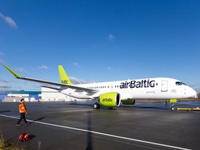 A Bombardier CSeries CS300 in airBaltic colours.