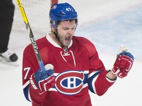 Canadiens' Alexander Radulov reacts after teammate Paul Byron scored against the Toronto Maple Leafs during first period NHL hockey action in Montreal, Saturday, November 19, 2016.