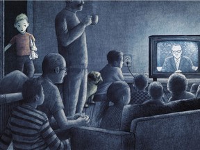 From an illustration by Terry and Eric Fan in  The Darkest Dark, by Chris Hadfield and Kate Fillion. In this scene, young Chris arrives at a neighbour's cottage on Stag Island to watch Walter Cronkite report on the Apollo 11 moon mission.