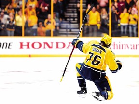 P.K. Subban #76 of the Nashville Predators celebrates his first regular season goal as a newly acquired Predator against the Chicago Blackhawks at Bridgestone Arena on October 14, 2016 in Nashville, Tennessee.