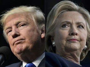 This combination of pictures created on Nov. 7, 2016 shows Republican presidential nominee Donald Trump in Sioux City, Iowa on Nov. 6, 2016 and Democratic presidential nominee Hillary Clinton in Detroit, Michigan on November 4, 2016.