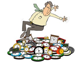This illustration depicts a man falling back onto clocks for the daylight savings time change.