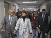 Dr. Josée Dubois, centre, chief of the medical imagery department, leads Quebec Health Minister Dr. Gaétan Barrette, left, on a tour of the new expansion wing of the Ste-Justine Hospital in Montreal on Monday, November 7, 2016.