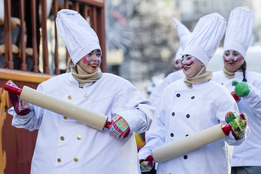 Performers dance during the annual Santa Claus Parade on Ste-Catherine street in downtown Montreal on Saturday, November 19, 2016.
