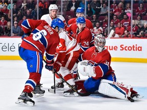 Goaltender Carey Price of the Montreal Canadiens makes a skate save during the NHL game against the Detroit Red Wings at the Bell Centre on Nov.  12, 2016 in Montreal.