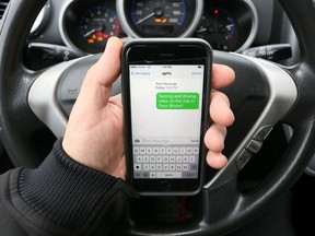 Text reads "Texting and driving rates on the rise" with steering wheel in the background.