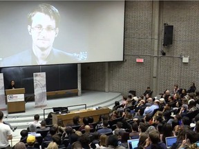 Edward Snowden, appearing via Google Hangout videoconference at a McGill University discussion on Wednesday, Nov. 2, 2016.
