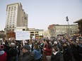 Protesters gather at Rosa Parks Circle in Grand Rapids, Mich.,  Thursday, Nov. 10, 2016, in opposition of Donald Trump's presidential election victory.