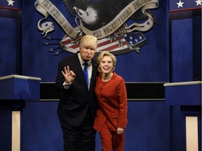 Alec Baldwin as Donald Trump and Kate McKinnon as Hillary Clinton on SNL.