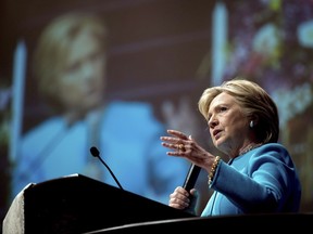 Democratic presidential candidate Hillary Clinton speaks at Mt Airy Church of God In Christ in Philadelphia on Sunday.