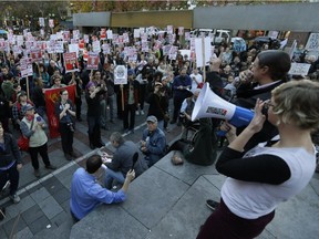 Hundreds of protesters take part in a protest against the election of President-elect Donald Trump, Wednesday, Nov. 9, 2016, in downtown Seattle.