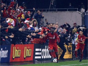 Jozy Altidore of Toronto FC celebrates his goal against the Montreal Impact during the MLS Conference Finals, Game 2 at BMO field in Toronto on Wednesday November 30, 2016. Dave Abel/Toronto Sun/Postmedia Network