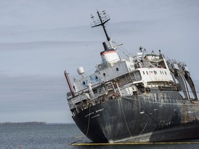 The cargo ship Kathryn Spirit is run aground on Lac Saint-Louis near Montreal, Nov. 10, 2016.