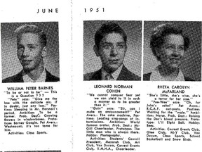 Leonard Cohen's class of 1951 photo from Westmount High School.