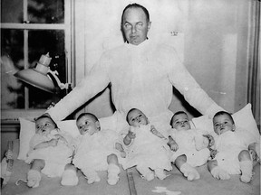 Ontario Premier Mitchell Hepburn with Dionne babies circa 1934. The Dionne quintuplets, born May 28, 1934, are the first quintuplets known to survive their infancy. They are the only female identical set of five ever recorded. The sisters were born just outside Callander, Ont., near the village of Corbeil.