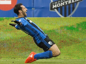 Impact striker Matteo Mancosu celebrates after scoring against the New York Red Bulls during second half action of the first leg of the eastern conference MLS semifinal in Montreal, Sunday, October 30, 2016.